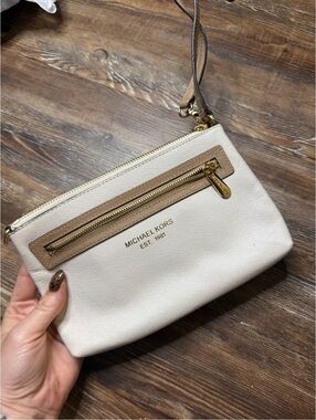 Michael Kors Cream and Tan Wristlet with Gold Hardware